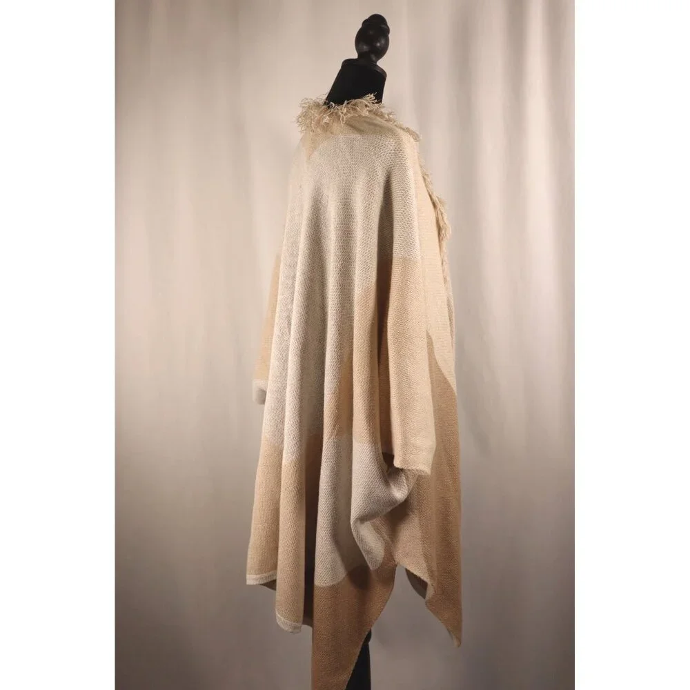 C Cozy Beige Color Block Open Front Poncho with Fringe Detail Size Large - Picture 7 of 14